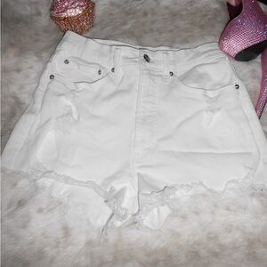 High rise distressed denim cut off shorts